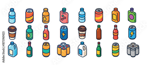 Colorful assortment of beverage containers on white background