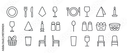 Minimalist dining icon set: plates, cutlery, glasses, napkins, candles