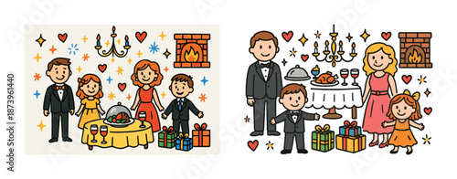 Family celebration with gifts and festive meal in cozy living room