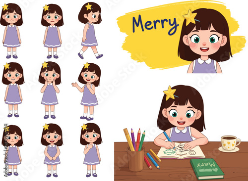 Cartoon girl with various poses and expressions in purple dress