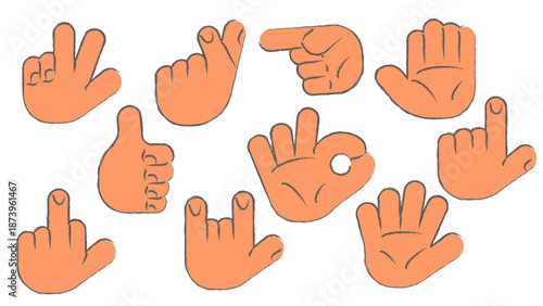 Hand drawn crayon hands set. Finger heart, hello and okay shaped gesture hands. Cartoon isolated vector illustration