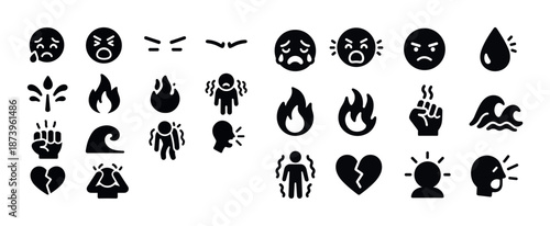 Collection of emotion and nature icons including fire, water, and faces