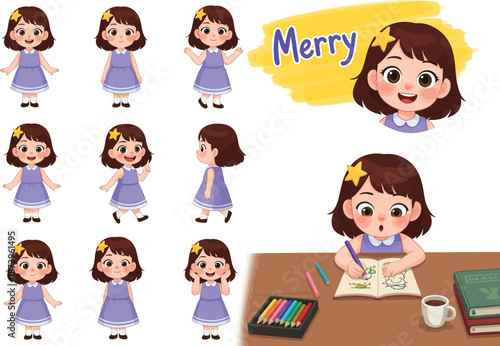 Cartoon girl with various expressions and poses in different emotions