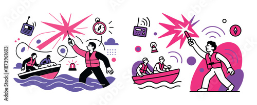 Male rescuers using flares in sea rescue mission with boats and radios