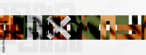 Abstract geometric composition. Dark, muted colors dominate, with hints of orange, green, brown. Shapes overlap creating complex visual texture.