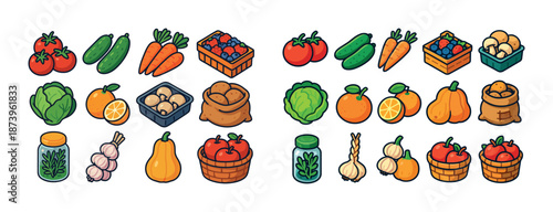 Colorful collection of fresh vegetables and fruits in cartoon style
