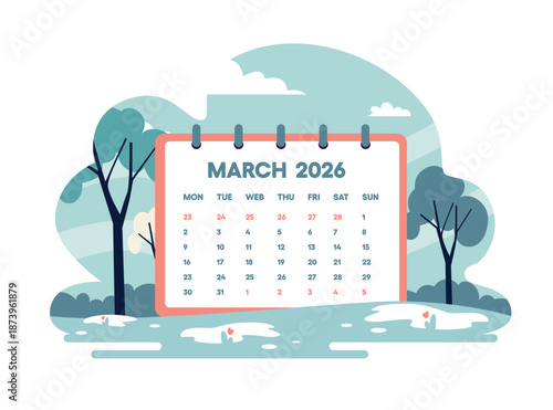 March 2026 calendar page vector illustration. Early spring landscape with melting snow, trees, and first flowers. Nature awakening concept