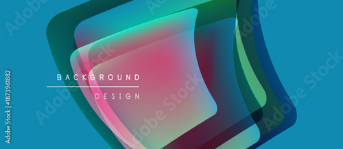 Abstract geometric shapes overlap, creating vibrant color gradients. Blue background complements pink, green hues. Modern design element.