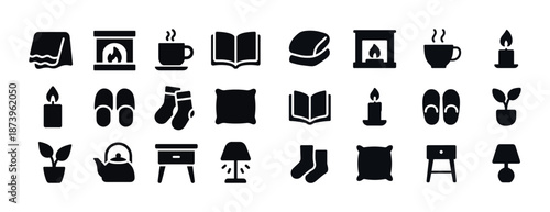 Cozy home icons set featuring fireplace, tea, book, and more