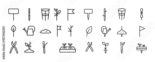 Minimalist garden icons set: tools, plants, flags, watering cans, pruners