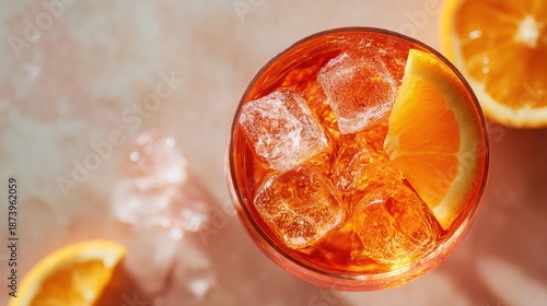 aperol. An overhead view of an Aperol spritz cocktail in an elegant glass with ice and an orange slice. bar promotions, beverage menus, designed for food & beverage menus and cafe branding.