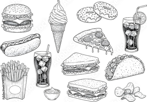 Variety of sandwiches and fast food items in black and white