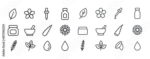 Herbal and botanical line icons: flowers, leaves, droplets, jars, mortar and pestle