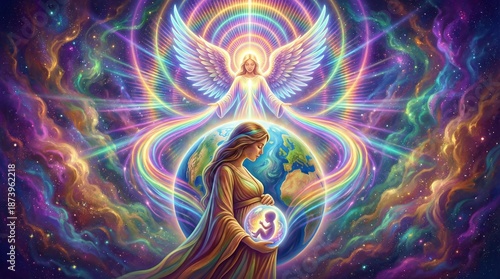 Angel hovers with radiant wings above pregnant woman cradling glowing earth globe containing newborn baby. Esoteric spirituality symbolizing new earth rebirth, future harmony, and cosmic