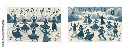 Cartoon outdoor dance party with diverse couples dancing happily