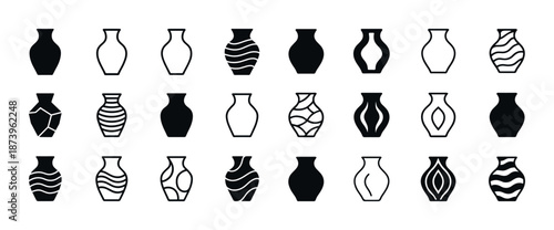 Set of decorative vase silhouettes with geometric patterns
