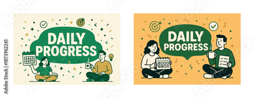 Daily progress illustration with diverse characters and motivational elements
