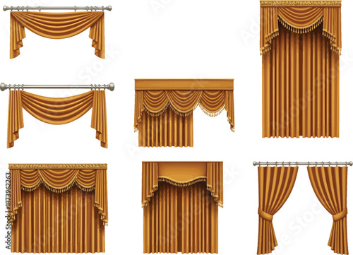 Various styles of orange curtains and drapes with swags and valances