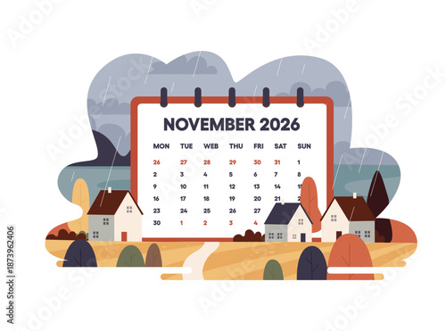 November 2026 calendar page. Rainy autumn landscape with small houses and grey clouds. Late fall village scenery and bad weather