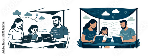 Family technology moment: asian adults and child using laptops under tent outdoors