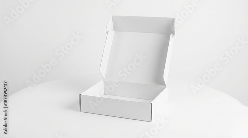 Open empty white cardboard box mockup on a plain background
