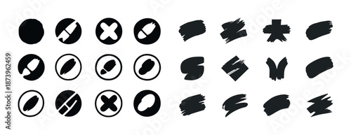 Set of grunge brush stroke and minimalist icon designs in black and white