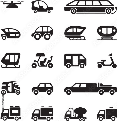 black icons of various vehicles on white background