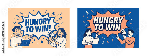 Competitive young adults with laptops and megaphones in dynamic contest setting