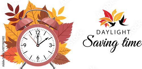 Autumn-themed vector illustration for Daylight Saving Time featuring a pink alarm clock and vibrant falling leaves.