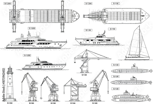 Collection of various boat and ship designs and blueprints