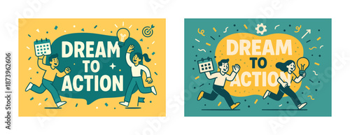 Colorful conceptual design featuring motivated characters taking action