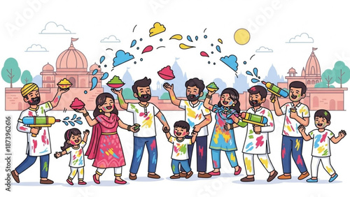 Vibrant indian family and friends celebrating holi with colorful powders and water balloons in a joyful festive scene with a temple background