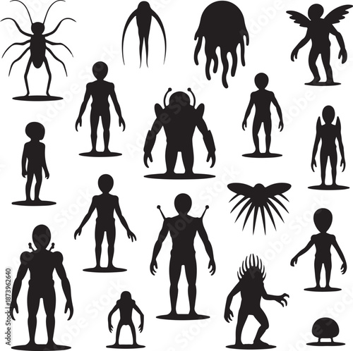black silhouette icons of various alien creatures and monsters