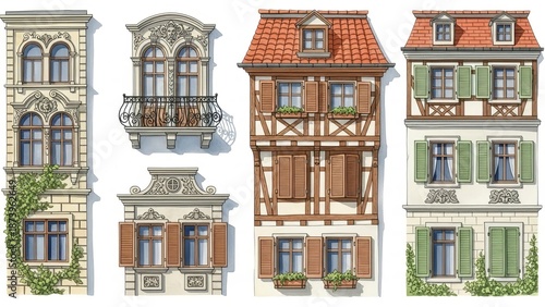 Illustrations of various European-style buildings with unique architectural features and facades