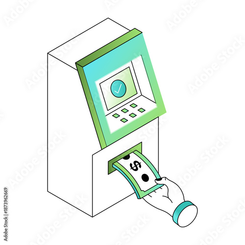 An isometric style illustration showing cash withdrawal