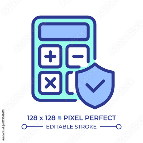 Secure calculation pixel perfect line color icon. Calculator with a verified shield. Financial tools, data management. Isolated vector illustration. Flat colorful symbol design. Editable stroke