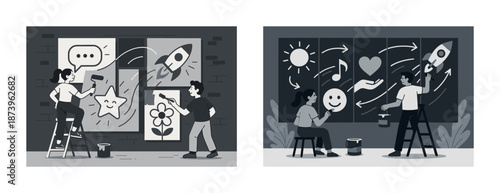 Diverse adults engaged in creative mural painting sessions on outdoor walls