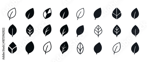 Set of 24 minimal leaf icons with various designs and patterns