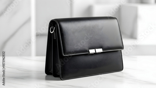 Black leather clutch bag with silver clasp on white surface