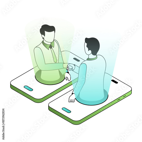 An isometric style illustration showing remote collaboration