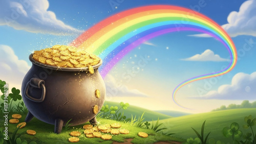 A large cauldron overflowing with gold coins under a vibrant rainbow in a lush green landscape with a blue sky and white clouds with pot of gold
