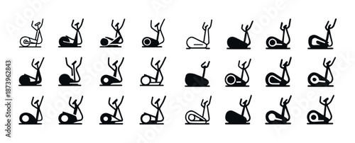 Rowing machine icons silhouettes set for fitness and exercise graphics