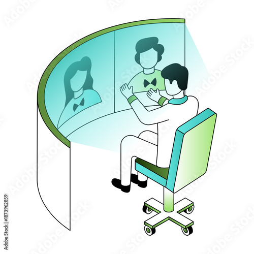 An isometric style illustration showing a remote interview