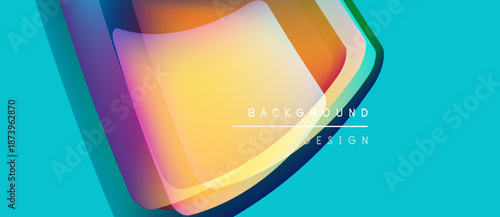 Abstract colorful shapes overlap, creating dynamic visual effect. Bright turquoise background complements vibrant gradients. Text reads background design.