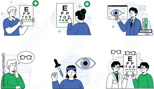 Eye exam illustrations with patients and optometrists in various testing scenarios