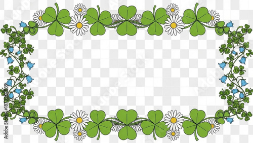 St patricks day border frame with green clover leaves white daisies and blue flowers on transparent background for festive decoration with shamrock