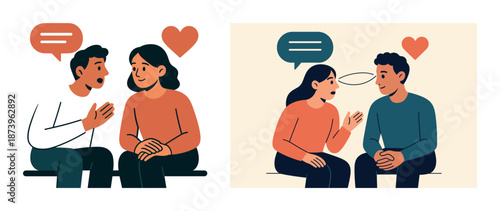 Cartoon illustrations of couples communicating with speech bubbles and heart symbols