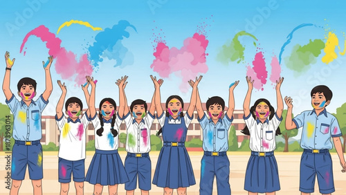 Group of happy school children celebrating holi festival with colorful smoke bombs outdoors on a sunny day with Holi celebration and happy children
