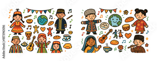 Children in traditional outfits celebrating world cultures with music and dance