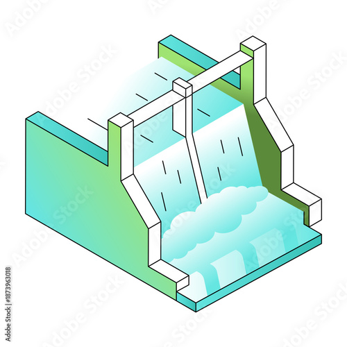 Isometric style illustration showing a hydropower